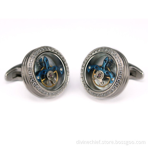 Make Custom Logo CNC Inlaid Stones Tourbillon Movement Cufflinks In Stainless Steel Jewelry